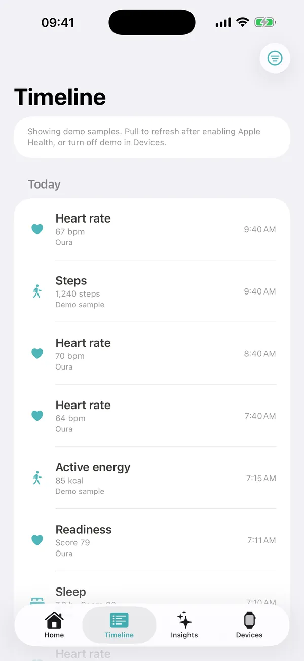 YesHealth timeline screen