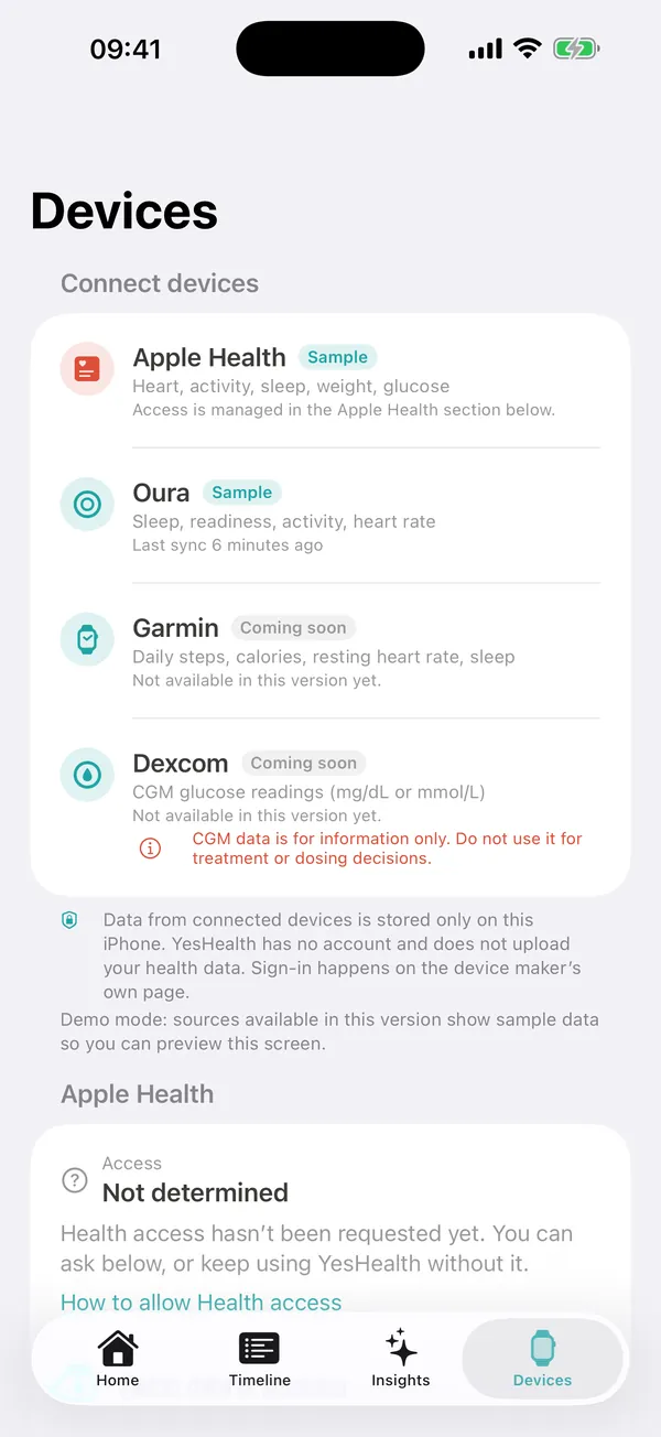 YesHealth Devices screen